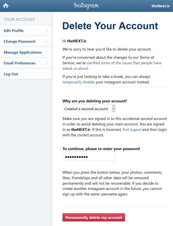 اینستاگرام : حذف حساب کاربری به صورت دائم یا موقت-روش صحیح 6 Delete instagram account permanently