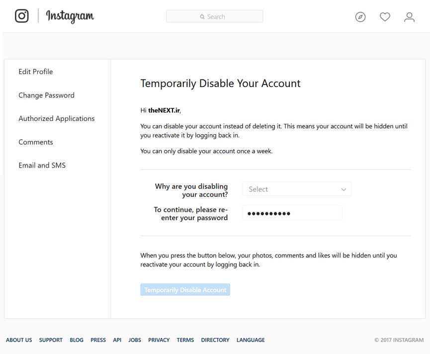 Delete instagram account temporary